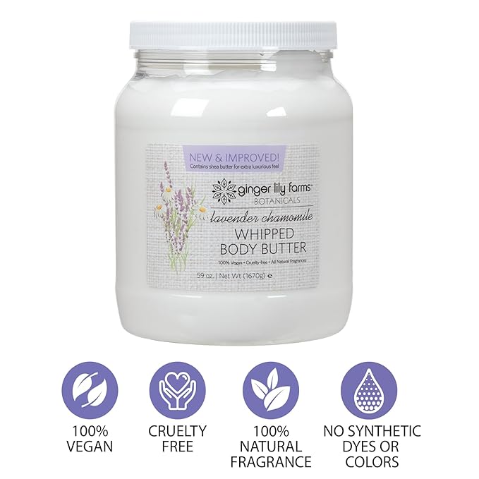 Ginger Lily Farms Botanicals Whipped Body Butter for Dry Skin, Ultra-Hydrating, 100% Vegan & Cruelty-Free, Lavender Chamomile, 59 Ounces