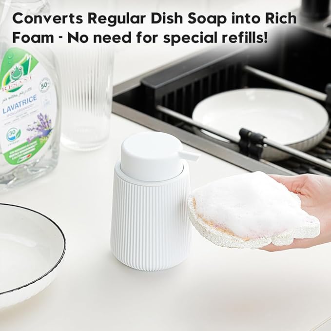 Striped Foaming Hand Soap Dispenser with Leak-Proof Pump for Bathroom and Kitchen Countertop 11oz White