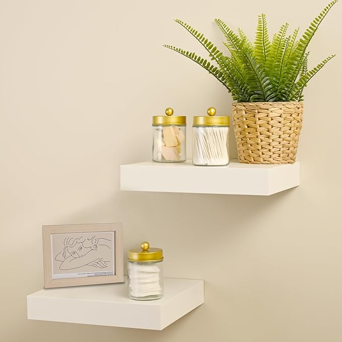 SheeChung Qtip Dispenser Holder 3pcs, Glass Apothecary Jars with Stainless Steel Lids &Stickers, Countertop Canister Guest Bathroom Storage Organizer Set for Cotton Swabs/Balls, Floss Picks(Gold)
