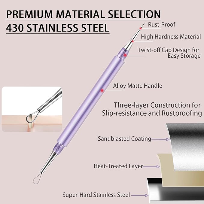 2-in-1 Professional Stainless Steel Acne Removal Needle, Whitehead & Blackhead Remover Tool, Pimples Comedone Extractor Removal Tool, Double Ended Needle with Cap Removal for Nose Face Tools(Purple)