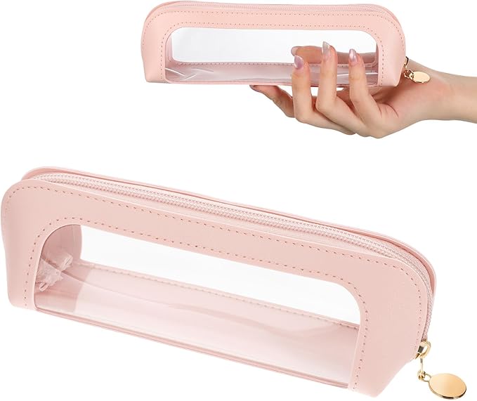 Lusofie Small Clear Makeup Bag, PU Leather Makeup Brush Bag, Portable Clear Make-Up Brush Pouch with Zipper, Multi-use Cosmetic Organizer Bags for Women (Pink)