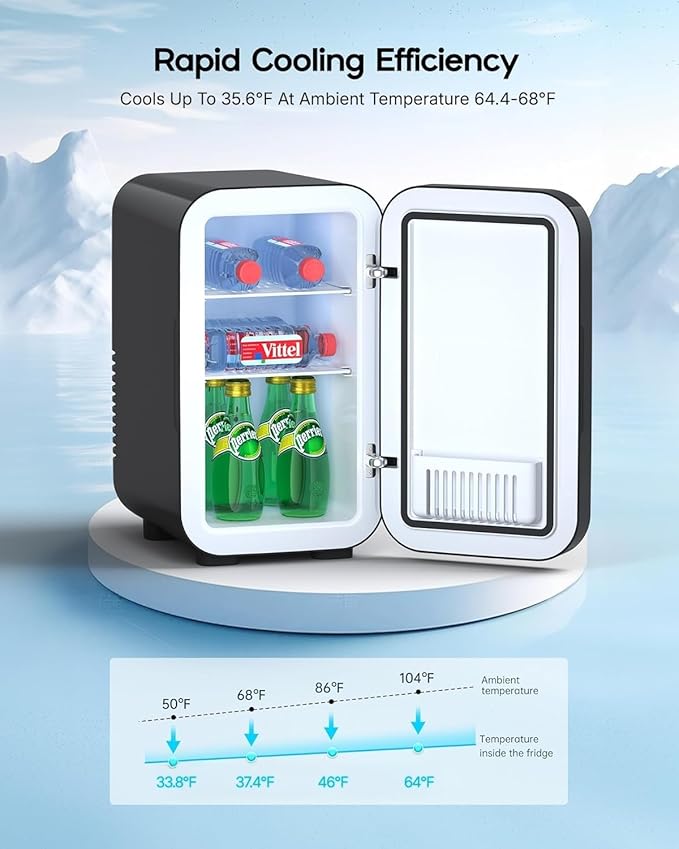 Mini Fridge,6 Liter / 8 Can Small Fridge for Bedroom, Car, Office & Dorm, 110V AC/DC Portable Thermoelectric Cooler & Warmer for Skincare, Food, Drinks,Black