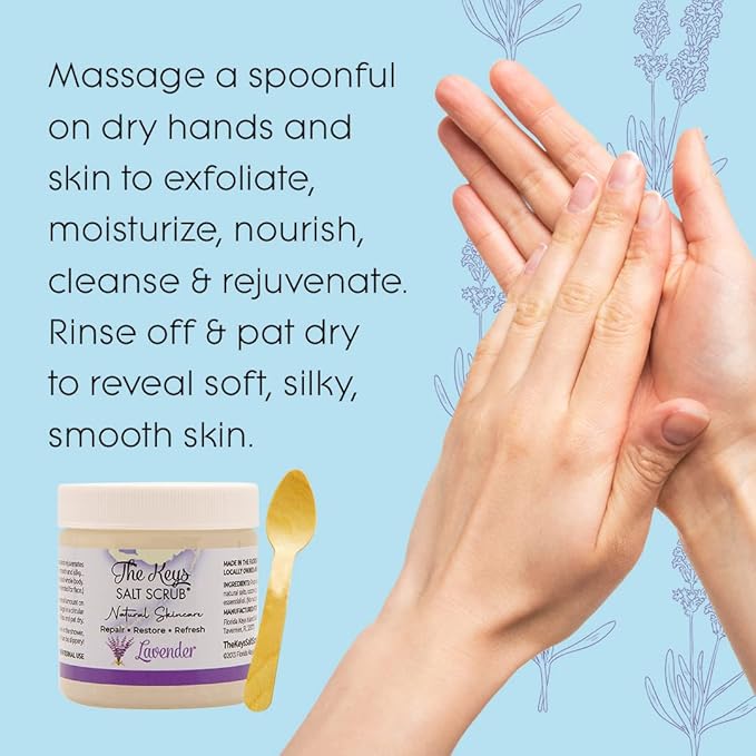 The Keys Salt Scrub - Lavender Sea Salt Scrub - Exfoliating Body Scrub with Wooden Spoon - Moisturizing Exfoliator for Face, Hands, Foot, Bath, Manicure/Pedicure & Bikini Area Skin Care (3pcs, 3.4oz)