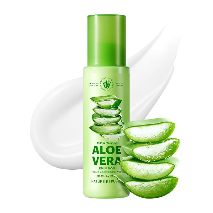 Nature Republic Mild & Moisture Aloe Vera Emulsion – Soothing & Hydrating Facial Moisturizer, Lightweight Non-Sticky Formula, Korean Skincare (5.24 Fl Oz)