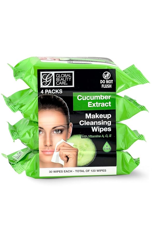 Global Beauty Care Cucumber Makeup Remover Wipes with Vitamins A C E For Cooling Skin Support - Facial Cleansing Towelettes Remove Waterproof Mascara, Oil & Dirt, All Skin Types 120 Count (4-Pack)
