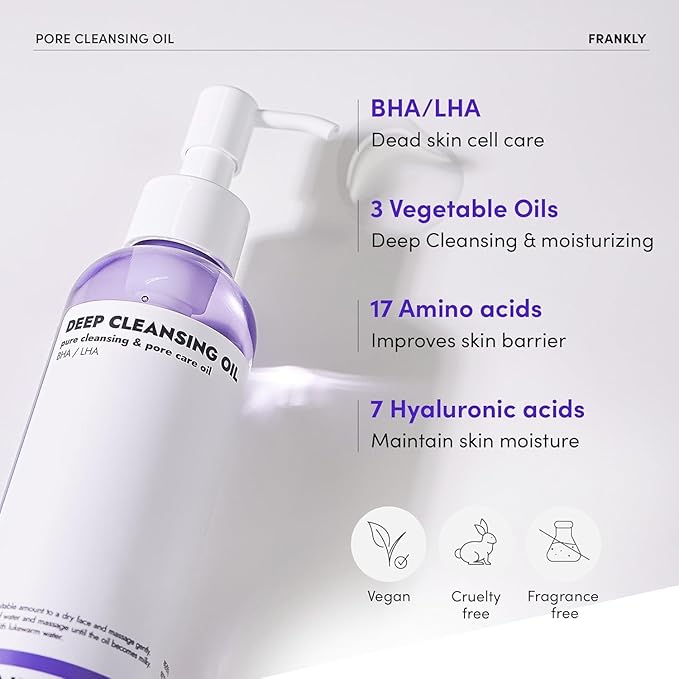 FRANKLY Pore Cleansing Oil, Oil Cleanser for Face l Makeup Blackhead Remover with BHA & LHA, Amino Acids, Hyaluronic Acid l All Skin Types, Korean Skin Care 6.8 fl oz
