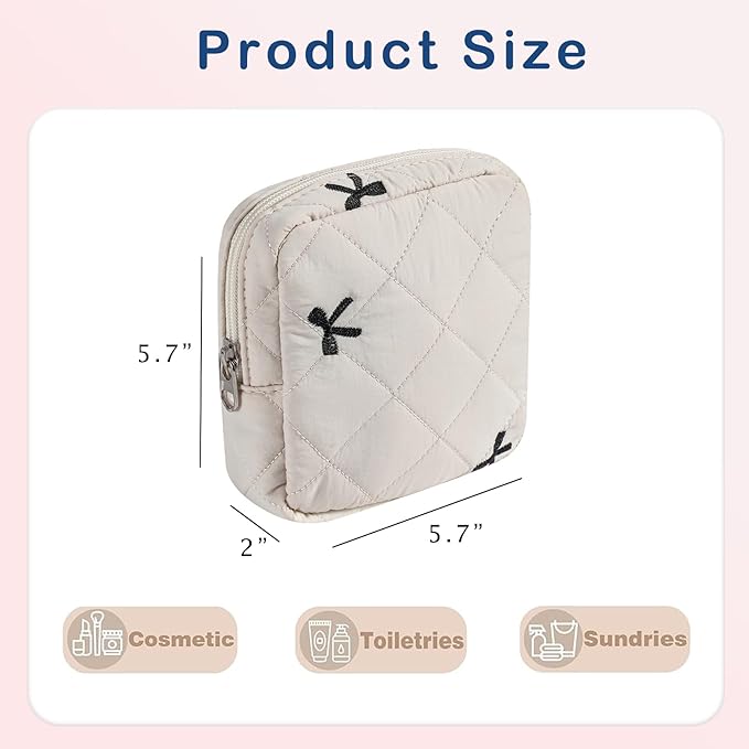 Small Quilted Cosmetic Pouch for Purse, Mini Cotton Makeup Bag with Compartments, Cute Zipper Lipstick Holder for Women (06Beige Bow)