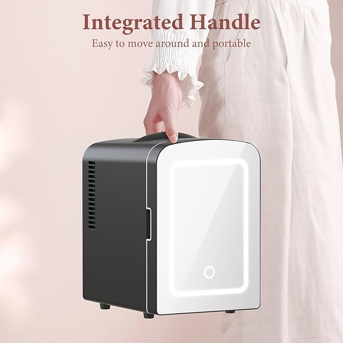 Xbeauty Skincare Mini Fridge With Dimmable LED Mirror, 4L Mini Refrigerator for SkinCare, Cosmetics, Food & Drinks, Portable Small Refrigerator for Bedroom, Dorm, Car, Office, Black