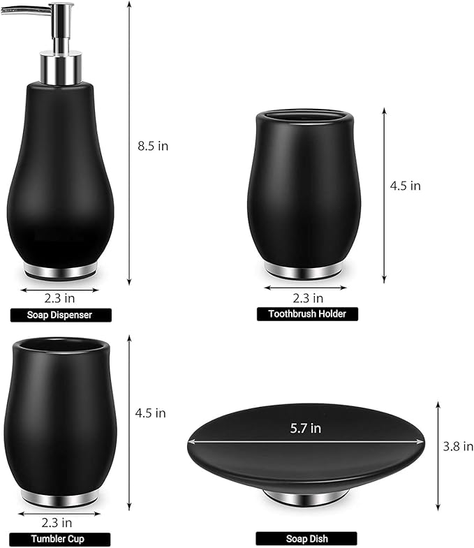 Bathroom Accessories Set 4 Pcs Toothbrush Holder Soap Dispenser Ceramic Bathroom Accessory Set with Toothbrush Cup Soap Dish Tumbler Black