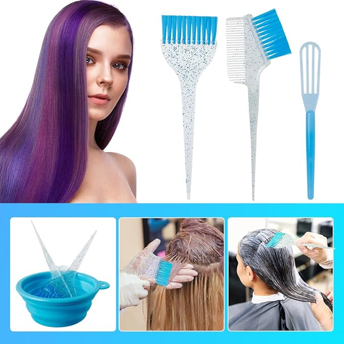 Hair Dye Color Brush and Bowl Set, Color Bowl Brushes Tool Mixing Bowl Kit Tint Comb for Hair Tint Dying Coloring Applicator (Light Blue&Clear)