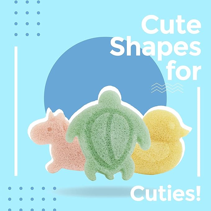 myHomeBody Konjac Baby Sponge for Bathing, Cute Shapes Natural Kids Bath loofah for Infants, Toddler, Newborns, Safe Plant-Based, 3pc. Set: Unicorn, Duck, Sea Turtle