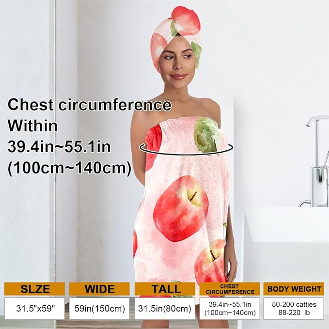Women’s Pink Watercolor Apple Bath Wrap and Hair Towel Set, Soft Absorbent Microfiber Shower Body Skirt with Elastic Closure, Quick-Dry Lightweight Spa Toweling for Home, Gym & Travel (Apple 3)