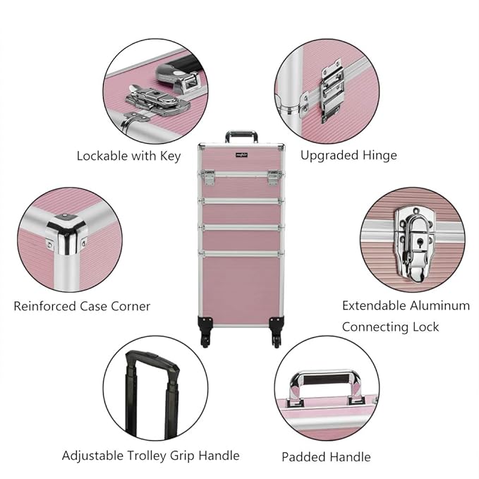 mefeir 4 in 1 Rolling Makeup Train Case, Aluminum Makeup Travel Organizer Cosmetic Case, Cosmetology Display Suitcase on Wheels, Beauty Storage Luggage Lockable w/4 Removable Wheels (Pink)