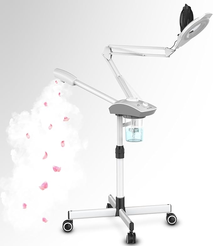 TASALON Professional Facial Steamer with 5X Magnifying Lamp, 2-in-1 Esthetician Steamer on Wheels with Ozone and Hot Mist, Ionic Facial Steamer for Facial Deep Cleaning and Moisturize