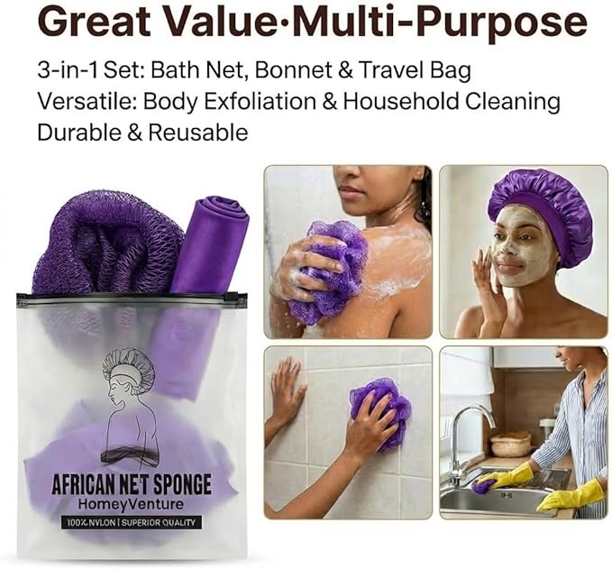 African Net Sponge, Exfoliating Body Scrubber, Soft Satin Silk Bonnet for Men Women Hair Bonnet for Sleeping, Double Layer Silk Sleep Cap, Purple, HomeyVenture