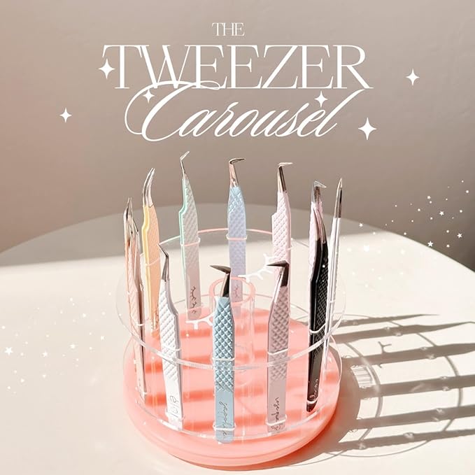 12 Holes Acrylic Rotatable Tweezers Holder, Eyelash Makeup Grafting Tweezer Display Stand Extensions Organizer Training Rack Beauty Tools (Pink)