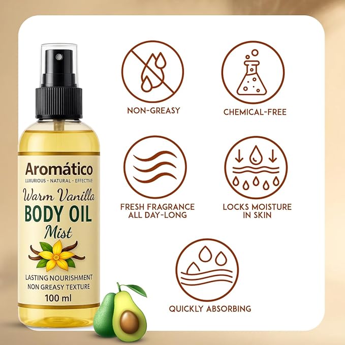Warm Vanilla Mini Body Oil Mist for Women | Lightweight, Non-Sticky, Spray-on formula for Daily use After Shower | Moisturized, Soft, Glowing Skin | Cozy, Creamy Vanilla Scent - 4 Fl Oz