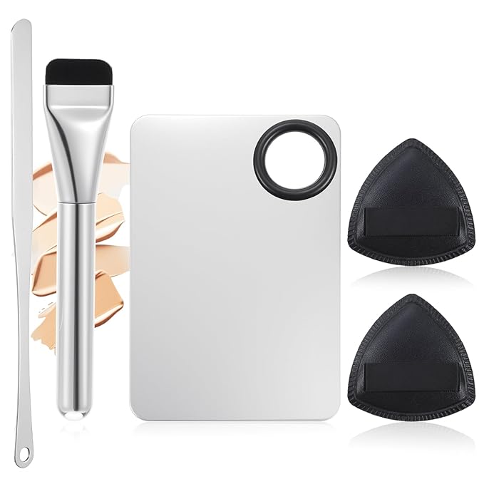 Professional Makeup Mixing Palette Set - Stainless Steel Cosmetic Palette with 2 Scrapers & 2 Blending Sponges, for Foundation, Nail Art, Eyeshadow - Smooth Surface, Easy to Clean, Portable