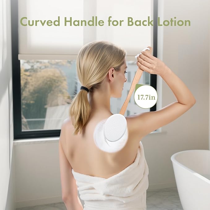 AmazerBath Lotion Applicator for Back, Feet, 2 Replacement Pads with 17" Curved Handle, Back Sunscreen Applicator for Kids, Elderly, Women, Apply Cream Medicine Moisturizer Tanner, White