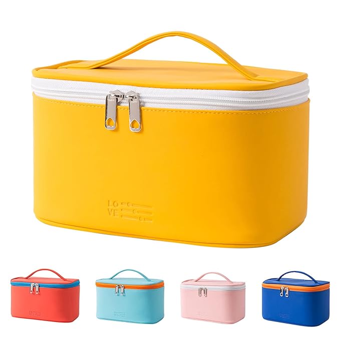 Meiyuuo Makeup Bag Large Cosmetic Bags for Women Girls Cute Travel Zipper Pouch Toiletry Organizer for Beauty Essentials Waterproof (Yellow)