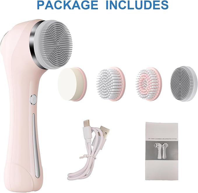 Facial Cleansing Brush, 2 in 1 Ｗaterproof IPx7 Facial Spin Scrubber Set with 4 Brush Heads, Rechargeable Exfoliating Face Brush Deep Cleansing, Gently Exfoliate and Remove Blackhead Pink