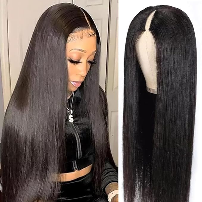 250% Density V Part Wigs Human Hair Straight Upgrade U Part Wigs Drawstring Wigs for Black Women Fits Snug & Secure No Glue No Sew in Beginner-friendly Clip In Half Wig Natural Color 18 Inch