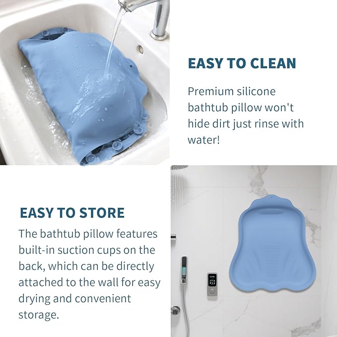Silicone Bath Pillow for Tub – Ergonomic Bathtub Headrest with Inflatable Air Cushion, Non-Slip Suction Cups & Neck/Back Support – Comfortable Spa Bath Accessory for Relaxation (Blue)