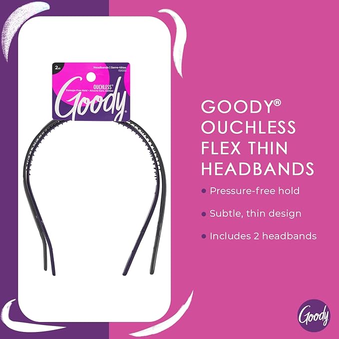 Goody Ouchless Flex Thin Pressure-Free Headband , Assorted Colors - Soft and Strong for a Comfortable Fit - for All Hair Types - Pain-Free Hair Accessories for Women and Girls 2 Count (Pack of 1)