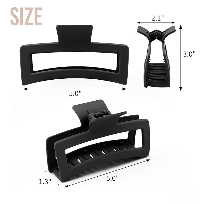 5 Inche Black Extra Large Claw Clips for Thick Hair and Long Hair, 4 Pack Xl Jumbo Claw clips, Oversized Matte Non-slip Rectangle Hair Clips for Women, Big Strong Hold Jaw Clip