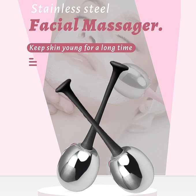Facial Ice Globes for Face and Eyes, Stainless Steel Ice Roller Facial Massage Tool for Puffiness Dark Circles, Cooling Face Roller Skin Care Beauty Tools (Black Handle)