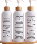 Shampoo and Conditioner Dispenser, Contains Shampoo Conditioner Body Wash Dispenser. Shower Soap Dispenser with Bamboo Pumps & Tray, Perfect for Modern Bathroom Decor. (White)