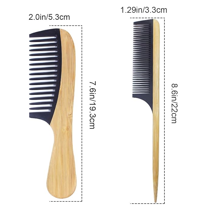 2PCS Natural Handmade Bamboo Hair Combs for Women Men, Anti-Static for All Hairstyles & Beard