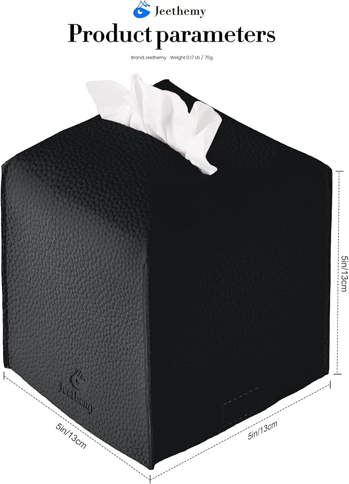 Tissue Box Cover, Jeethemy Square PU Leather Tissue Box Holder, Modern Tissue Case Facial Paper Organizer Dispenser，5X5X5'',Double Black