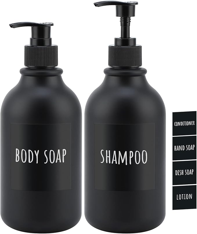 Segbeauty Matte Black Shampoo Dispenser, 2pcs 16.9oz Empty Refillable Pump Bottle with Labels, 500ml Plastic Press Lotion Dispenser Bathroom Shower Containers for Conditioner Body Soap Hand Soap