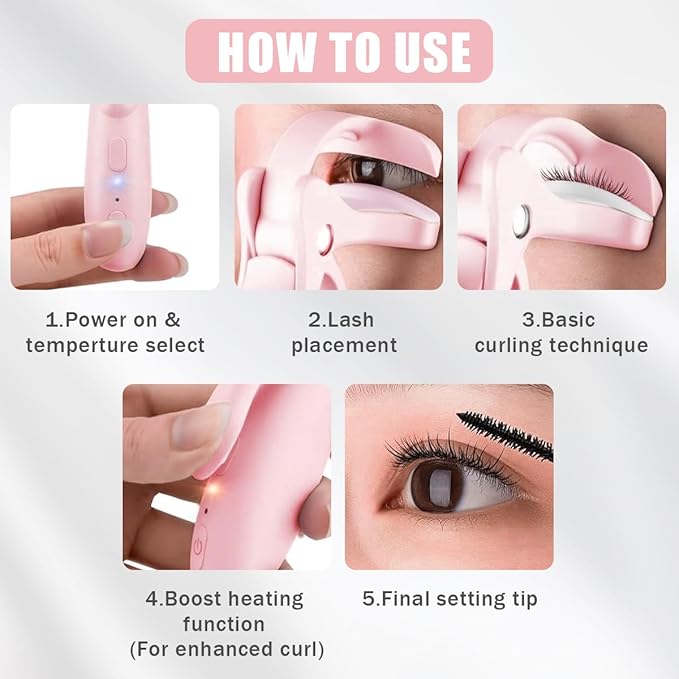 Pinkiou Heated Eyelash Curler for Women 10s Fast Heating Electric Lash Curler with 2 Temp Modes & Skin-Friendly Silicone Pad, USB-C Rechargeable Portable Eye Lash Curler for Long Lasting Natural Curls