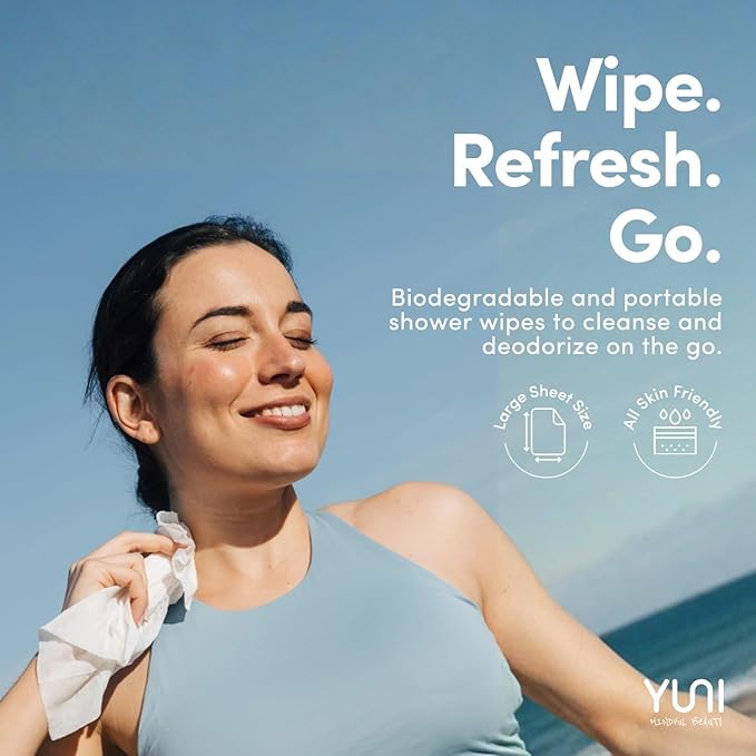 YUNI Beauty Large Body Wipes (Peppermint Citrus, 30 Count) Super Soft Moist Showerless Wipes that Cleanse & Deodorize - On-the-Go No Rinse Body Cleanser - Biodegradable Individually Wrapped