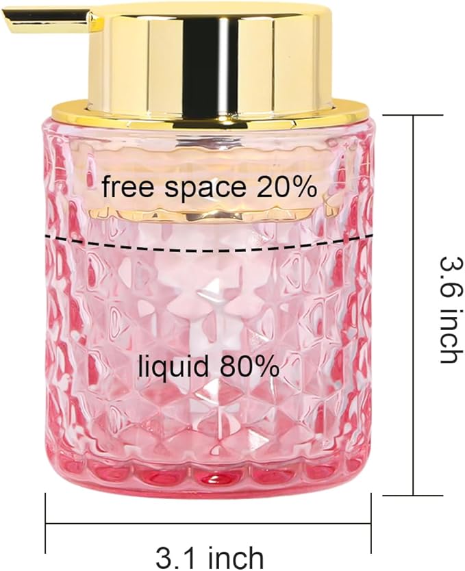 2pcs Pink Glass Foaming Soap Dispenser, Bathroom Refillable 10 Oz Foam Hand Soap Dispenser, Vintage Lotion Shampoo Container Gold Large Pump Bottle for Bathroom Countertop and Kitchen Decor