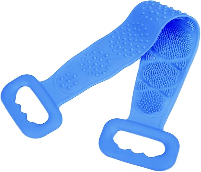 Silicone Bath Body Brush with Strong Tensile Strength - Hangable Back Cleaning Bath Strap - Blue DoubleSided Back Scrubber for Shower & Body Wash (Blue)