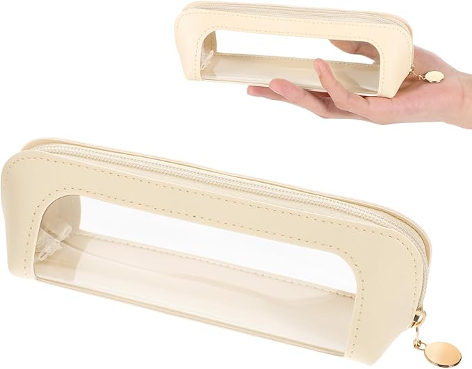 Lusofie Small Clear Makeup Bag, PU Leather Makeup Brush Bag, Portable Clear Make-Up Brush Pouch with Zipper, Multi-use Cosmetic Organizer Bags for Women (Beige)