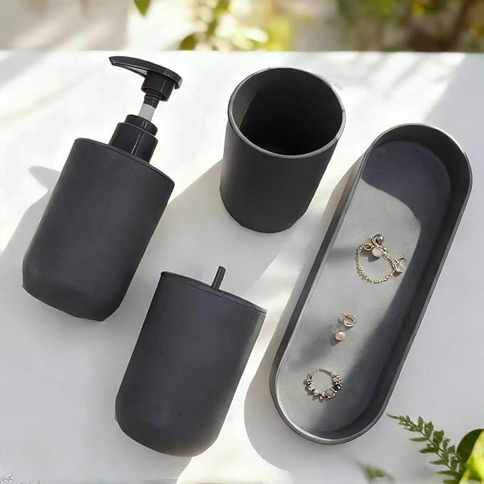 LGURT-4-piece Set of Bathroom Accessories, Plastic Bathroom Accessories, Toothbrush Holder, Toothbrush Cup, soap Dispenser, soap pan (Dark Gray)