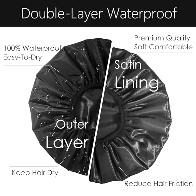 Auban Extra Large Shower Cap, Double-Layer Waterproof Reusable, XL Satin Lining Shower Bonnet for Women Thick, Long Hair, Locs, Braids(Black)