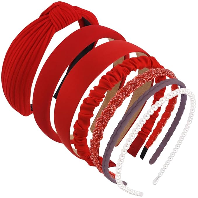 AHONEY 7 Pack Red Headbands for Women Christmas Headbands Trendy Non Slip Hairbands Cute Hair Accessories Multi-style Headband Pack (Red)
