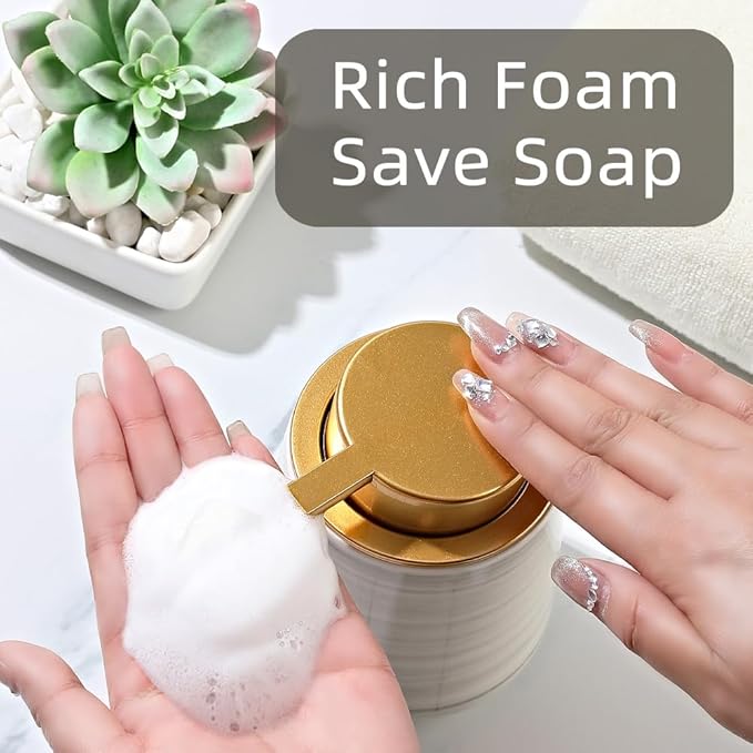 Modern Striped Style Gold Soap Dispenser for Bathroom, Ceramic Hand Soap Dispenser, Easy to Refill Liquid (Gray-Foam Pump)