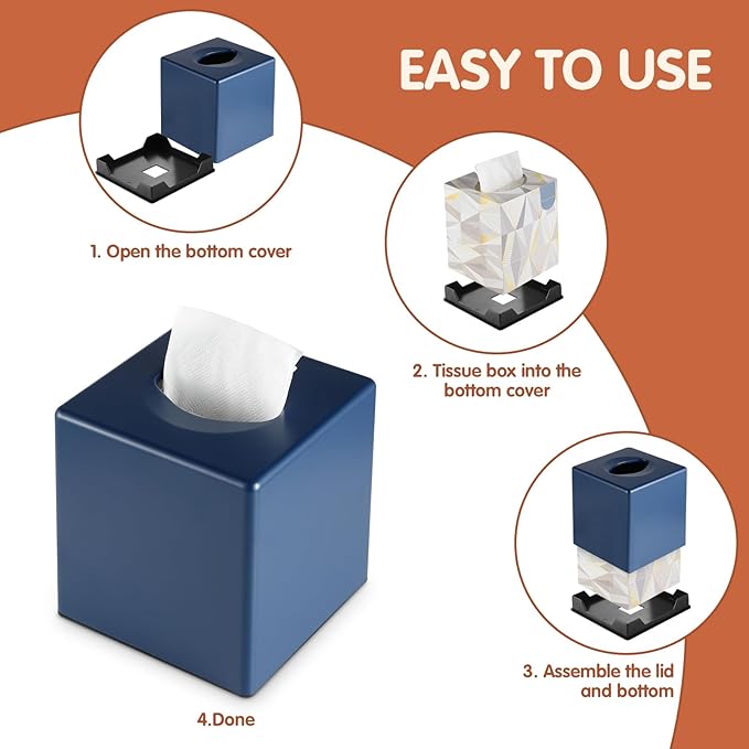 Tissue Box Cover, Square Facial Tissue Holder Storage for Bathroom Vanity, Countertops, Dressers, Night Stand, Parlors and Offices - Navy Blue