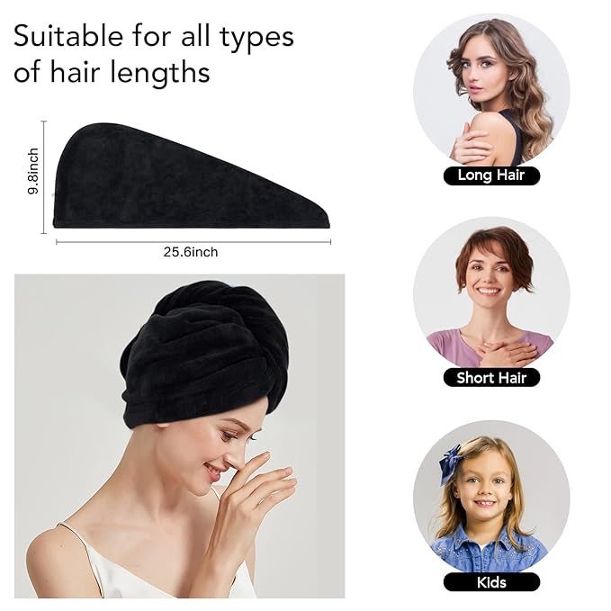 SINLAND Microfiber Hair Drying Cap Hair Towel Turban Twist for Women Fast Drying Towels Head Turban Absorbent Soft Lightweight 3 Pack Black