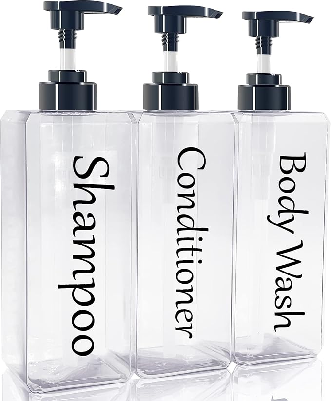 Shampoo and Conditioner Dispenser(Clear, Set of 3, 27oz)- Refillable & EmptyShampoo and Conditioner Bottles- Body Wash Dispenser Set-Modern Shampoo Bottles for Shower Soap