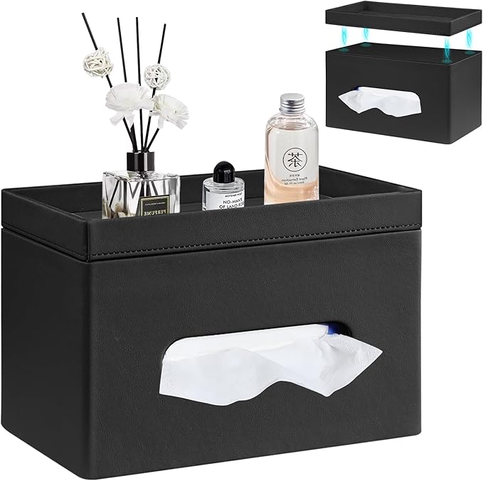 PU Leather Tissue Box Cover Rectangle with Detachable Storage Tray,Fits 230-Count Box Tall Rectangular,Modern Decorative Tissue Box Holder/Organizer for Bathroom,Bedroom Dresser,Night Stand