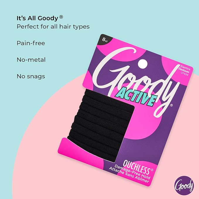 Goody Ouchless Seamless Hair Elastics, 8 Ct, Black, Damage-Free Gentle Hold Elastic Ties, No Snag or Pull, For All Occasions, Chic Styling Accessories for Women & Men, All Hair Types (Pack of 2)