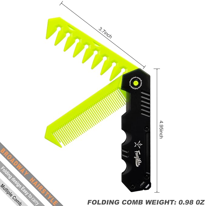 Protable Folding 2 in 1 Hair Comb Dence Tooth Comb Wide Tooth Comb Sparse Styling Pocket for Combing Straight hair Curly Hair Beards Mustaches for Men Barber Hairdresser (Green)
