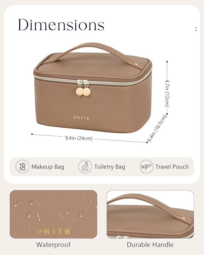 Prite Makeup Bag, Large Capacity Portable Travel Cosmetic Bag, Waterproof Makeup Organizer for Women with Handle and Divider (001 Brown)